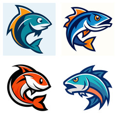 Fototapeta premium Four cartoon fish illustrations in different colors and styles on a white background image with details