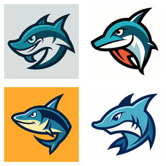 Naklejka premium Four stylized shark logos in shades of blue with different backgrounds and design variations shown