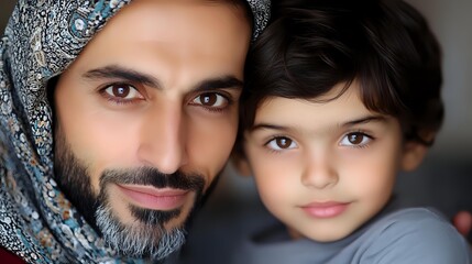 Middle Eastern father and son share tender moment in close-up portrait, expressing family bonds and paternal love against dark background.
