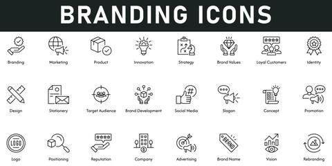 Branding Icons vector illustration with thin line editable stroke containing marketing, product, innovation, strategy, values, loyal customers, identity, target audience, social media, promotion