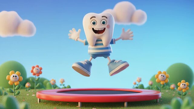 Smiling Tooth Character Jumping on a Red Trampoline in a Sunny Meadow with Blue Sky and Fluffy Clouds 3D Rendering Illustration