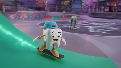 Cartoon Tooth Character Skateboarding in an Urban Skatepark with Graffiti Background in the City Showing Fresh Style and Dynamic Energy - Powered by Adobe