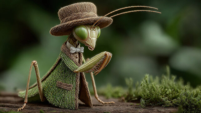   A close-up of a grasshopper wearing a hat and holding a bug in its mouth