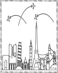 Paris City Tour Cityscape Skyline Line Outline Illustration.Paris City Coloring Page For Kids And Adults.