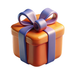 A vibrant orange gift box adorned with a smooth purple ribbon and bow presented isolated on transparent background
