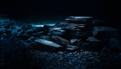 Ai generated image of black and dark gray rock stone basalt, mountain granite volcanic texture landscape.