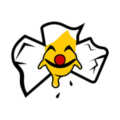 Creepy yellow clown mask with red nose on black background