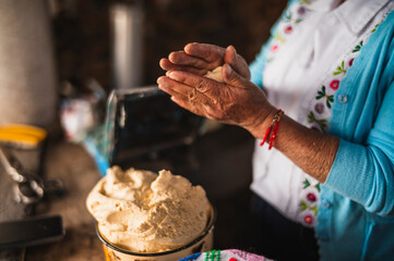 An indigenous Mexican woman wearing a white embroidered blouse and blue sweater is preparing the dough with her hands to make tortillas, a traditional Mexican dish.
