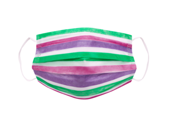 a colorful face mask with a white string