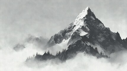  Snowy Mountain Top in Fog with Pine Trees in Foreground