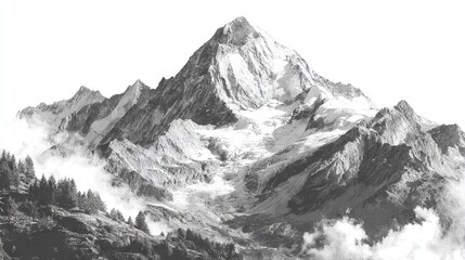 Obraz premium Black & white mountain photo with clouds in the foreground and trees in the background