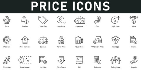 Price Icons vector illustration with thin line editable stroke containing product, low price, expense, value, discount, retail price, wholesale price, invoice, shopping, price range, bill, estimate
