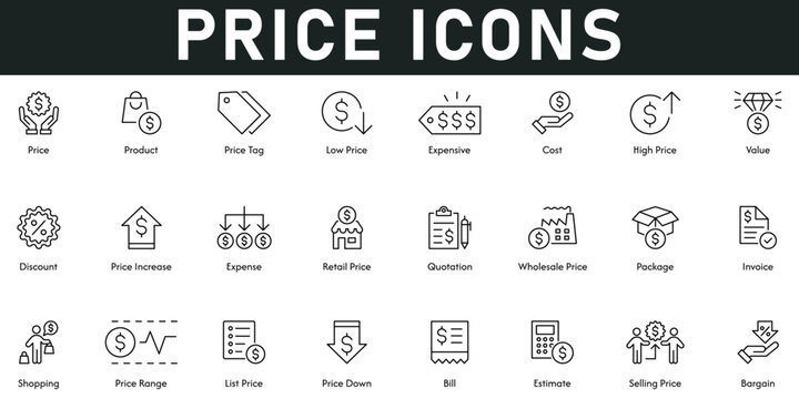 Price Icons vector illustration with thin line editable stroke containing product, low price, expense, value, discount, retail price, wholesale price, invoice, shopping, price range, bill, estimate