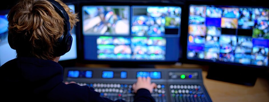 Music creation in a professional studio by a young Black man using headphones and a recording console while engaging creatively with the sound production