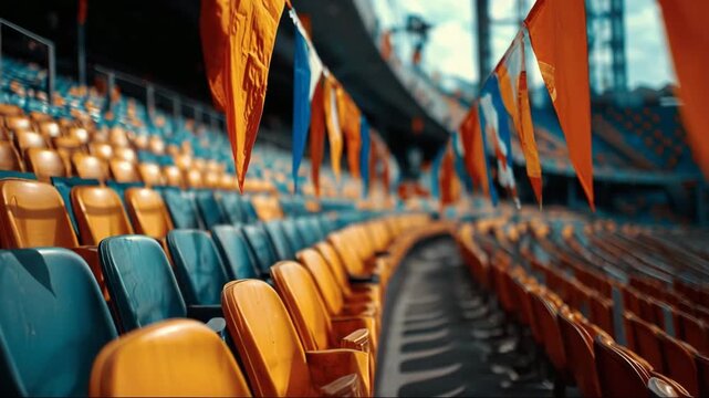 Empty stadium seats with orange banners in modern sports arena  