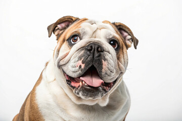 Fototapeta premium Studio portrait of a smiling English Bulldog with wrinkled face and tongue out on white background, close-up view of a happy and relaxed dog