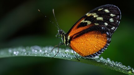Fototapeta premium An orange butterfly with black and yellow spots rests on a dew-covered green leaf
