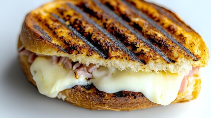 Grilled sandwich with melted cheese and ham on toasted sourdough bread showing grill marks and oozing dairy. Close-up food photography on white background.
