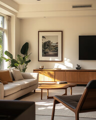 modern living room featuring cozy sofa, wooden furniture, and indoor plants. sunlight casts soft shadows, creating warm and