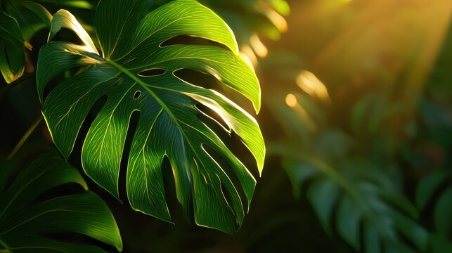 Vibrant green monstera deliciosa leaf illuminated by golden sunlight
