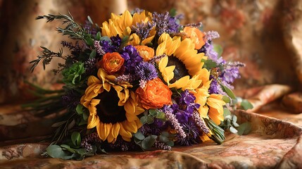A bountiful mix of yellow sunflowers, vibrant orange poppies, and deep purple asters, complemented by lush green ivy and trailing rosemary.