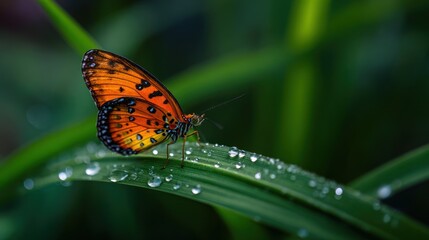 Obraz premium Butterfly rests on a dew-kissed leaf, its orange wings displaying intricate patterns