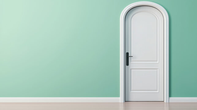 modern white door with arched top stands against mint green wall, creating fresh and clean aesthetic. smooth wooden floor complements overall design, adding warmth to space