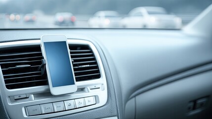 Modern smartphone in car air conditioner holder with blank screen, ideal for mobile app or website mockup with blurred traffic outside