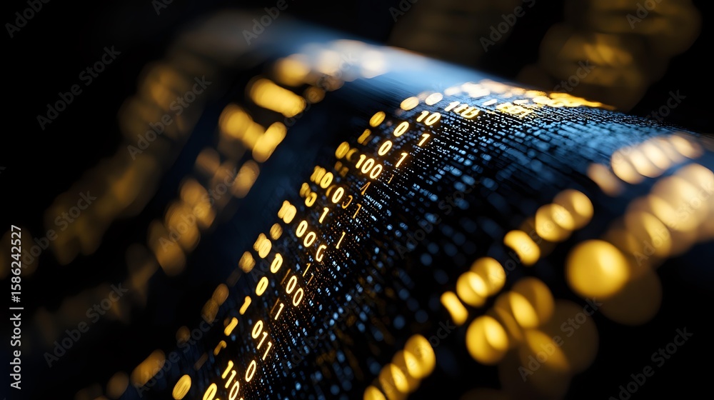 Aufkleber digital binary code glowing on dark background with selective focus, golden light effect creates fut
