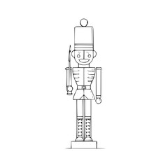 Toy soldier figurine, cheerful expression, holding stick in traditional uniform, minimalist sketch style, copy space