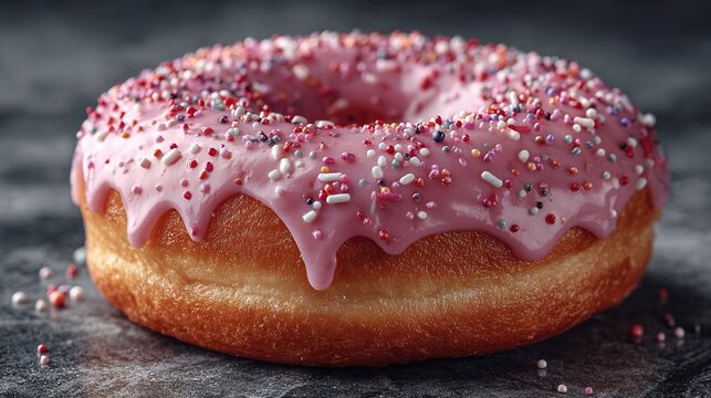   A black surface with a pink icing donut and white and pink sprinkles