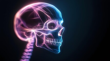 Glowing neon skull profile with pink and blue gradient light effect against dark background, anatomical side view showing detailed cranial structure.