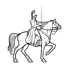 Fototapeta premium Mounted knight in commanding stance, holding lance, sketch style, copy space