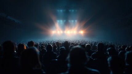 Fototapeta premium Large Audience Watching Bright Stage Show in Dark Concert Hall
