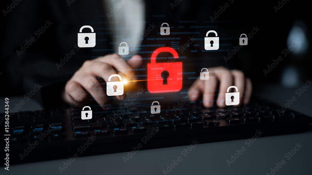 Poster digital security concept illustrating a cybersecurity breach, with a red unlocked padlock indicating