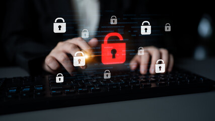 Digital security concept illustrating a cybersecurity breach, with a red unlocked padlock...