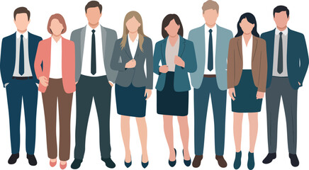 Obraz premium Set of young men and women, different colors, cartoon character, group of silhouettes of standing business people, design concept of flat icon on white background