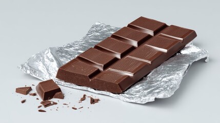 Minimalist chocolate bar with smooth texture and broken corner wrapped in silver foil on clean background.