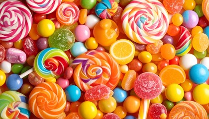 Colorful candy overload.  A vibrant mix of lollipops, hard candies, and gummies
