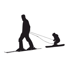 Fototapeta premium Inclusive Father Child Winter Snowboard Sit Ski Silhouette Vector 