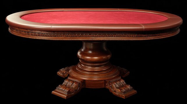 Elegant oval poker table with a rich wooden finish and red felt surface, featuring a sturdy pedestal base design for card games and gatherings.