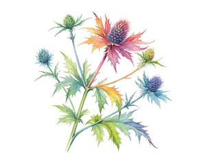 Obraz premium watercolor Sea Holly Branch vector illustration isolated on white background