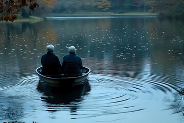 Senior couple sitting in round boat on calm lake during autumn evening, creating peaceful ripples in water surrounded by fall foliage reflections.