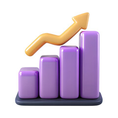 3d render of a growing bar chart with an upward trend arrow isolated on transparent background