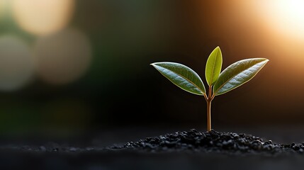 Young green seedling growing from fertile soil against warm sunset light background, symbolizing growth, new beginnings and environmental sustainability.