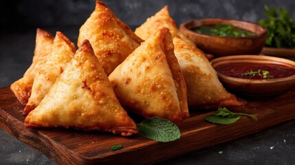 Crispy and Flavorful Samosas Perfectly Arranged on Plate with Minimalist Background