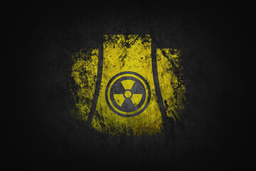 Vector banner on the theme of nuclear war, disaster at the nuclear power plant with a sign of radiation danger on the background of pixels simulating contamination and a cityscape. No AI is used.