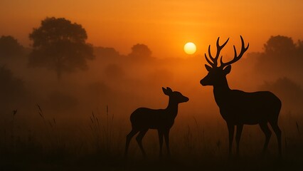 Deer and fawn silhouette standing in foggy field under orange sunrise with warm forest haze in peaceful early morning wildlife nature atmosphere