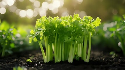 Fresh celery seedlings growing in dark fertile soil with natural bokeh background, vibrant green stalks and leaves catching sunlight in garden setting.