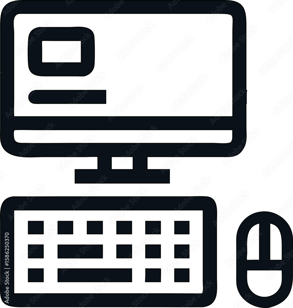 Poster vector icon of computer monitor and cpu for app or site use. monitor, keyboard, mouse